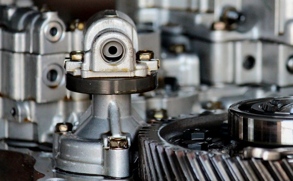 Close-up of transmission gears and machined parts